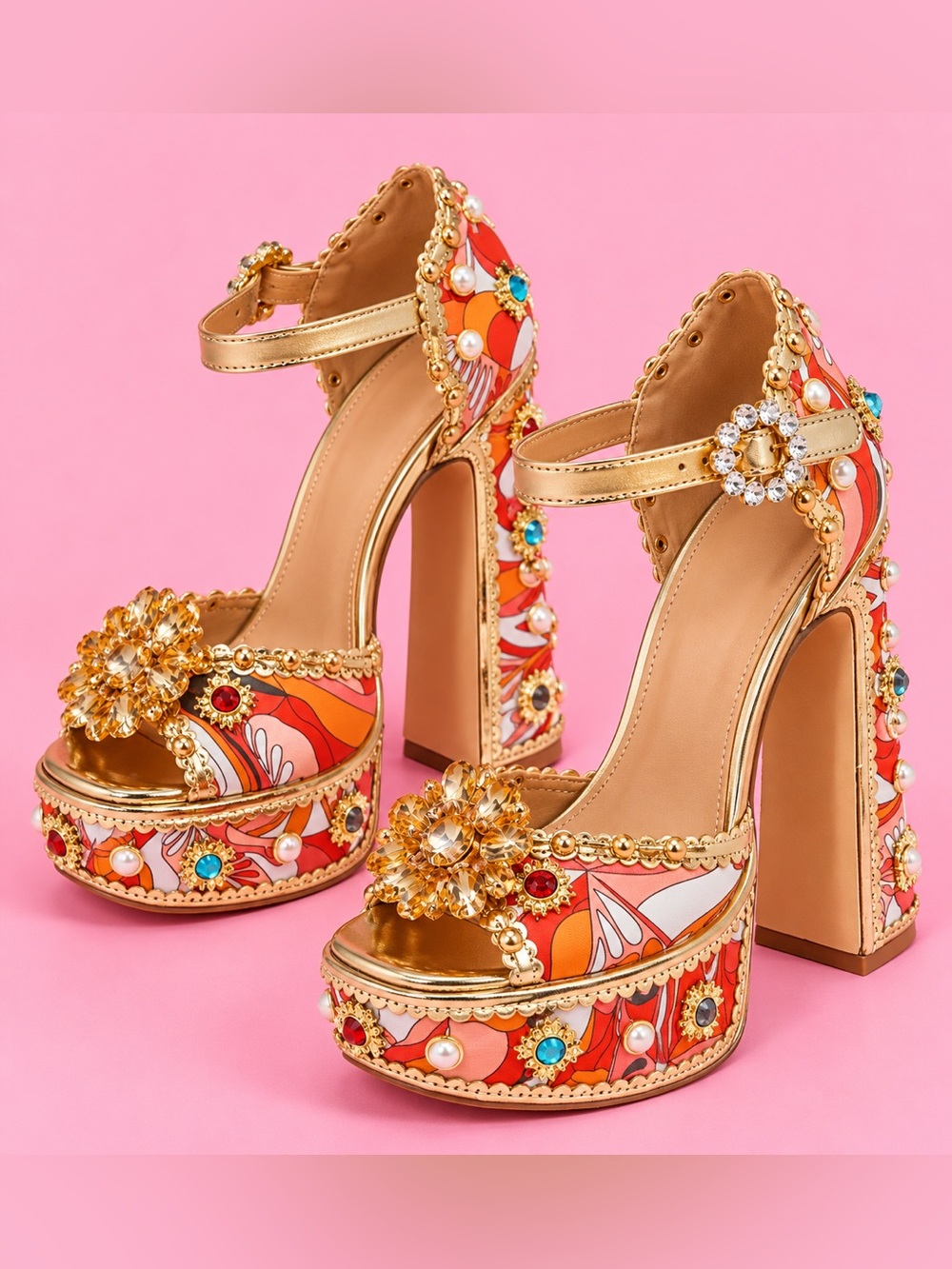 Miss Lola🩵Gold-Trim Floral Block Heels in Pink and Orange Turquoise Accent